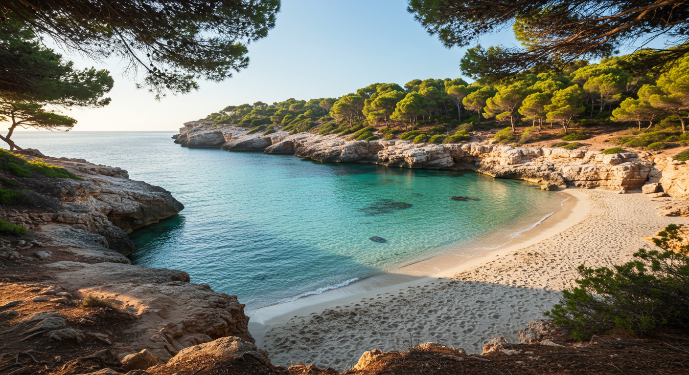 Una cala de caliza turquesa en la costa sur de Menorca con pinos y arena blanca a la luz de la mañana temprana