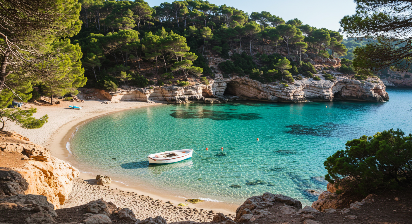 Agua turquesa y acantilados de caliza en una cala recóndita de las Islas Baleares bajo la luz de la tarde en verano