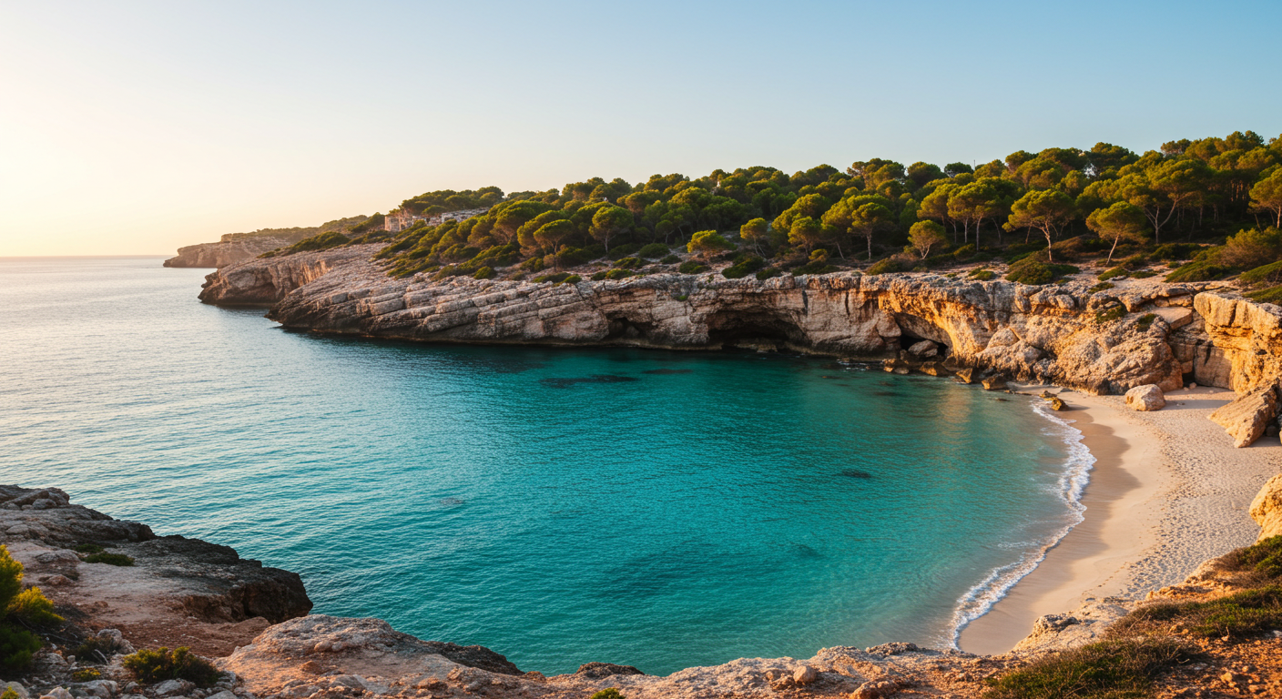 Turquoise water lapping white sand at a sheltered cove in Menorca, framed by pine-covered limestone cliffs