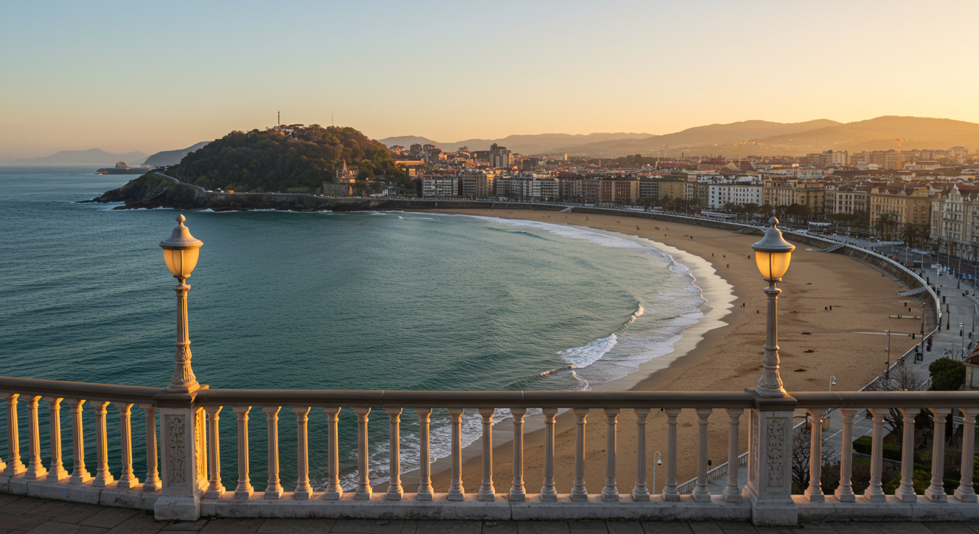 La bahía de La Concha en San Sebastián vista desde el Monte Urgull a la hora dorada, con los tejados del casco antiguo en primer plano