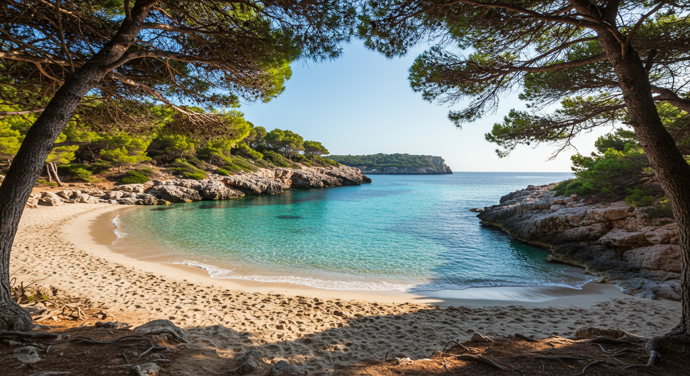 Una cala de aguas turquesas en Menorca con arena blanca y pinos, fotografiada con luz natural de la mañana