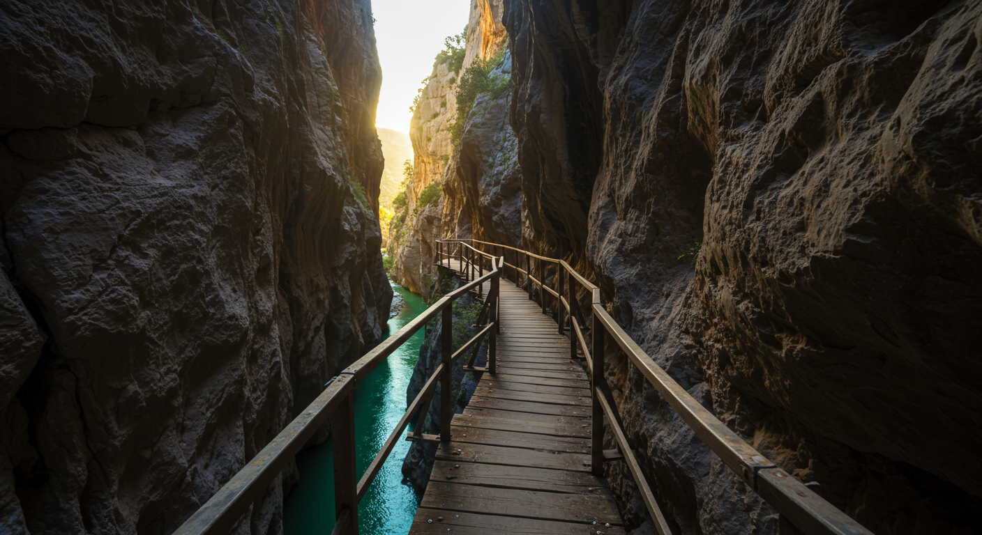 Estrecha pasarela de madera en el desfiladero del Caminito del Rey, con paredes de caliza y el río muy abajo, provincia de Málaga