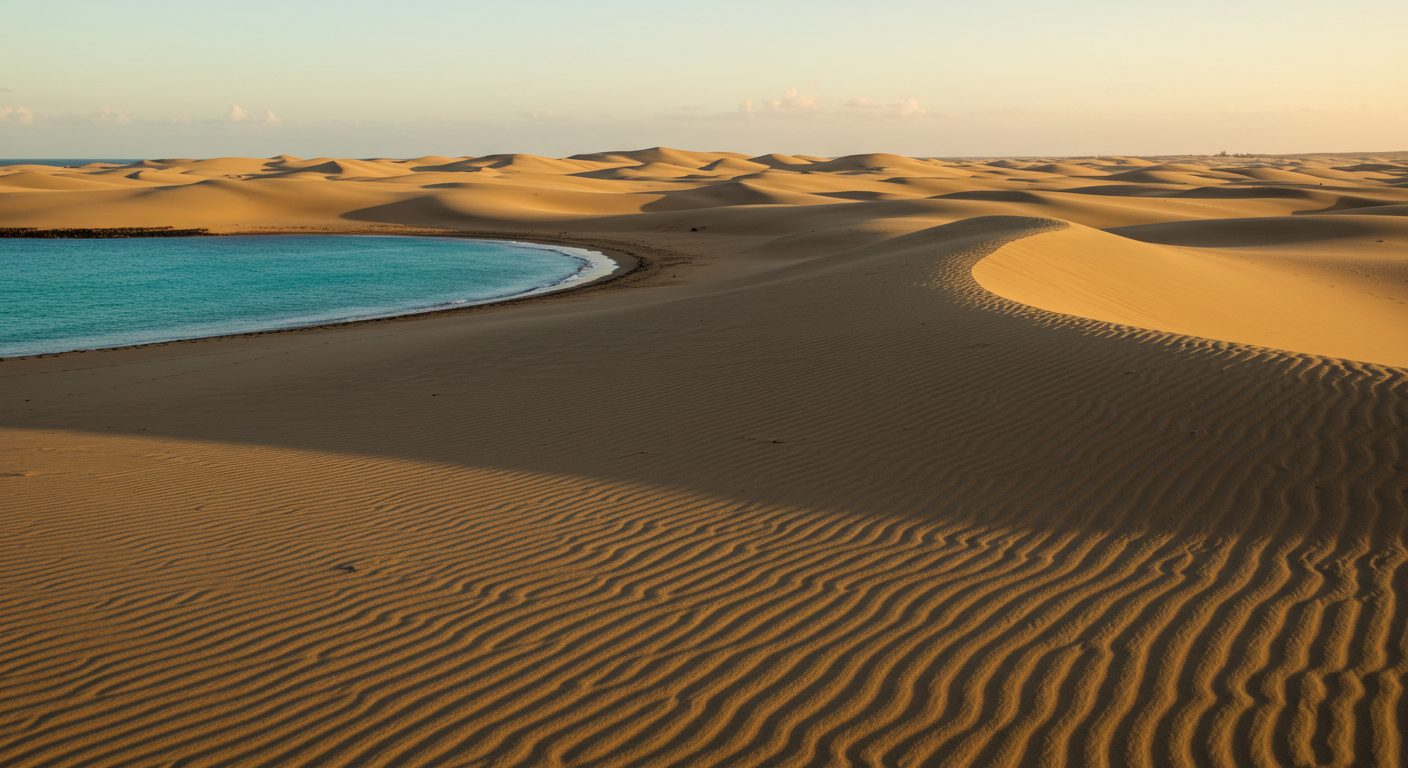 Las dunas doradas de Maspalomas al atardecer junto al océano Atlántico, Gran Canaria