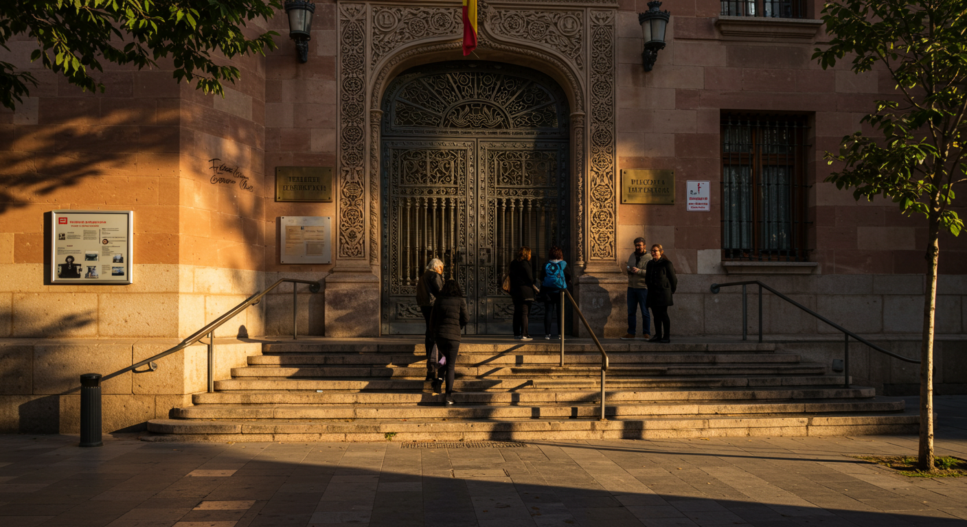 Cola frente a un edificio gubernamental español, luz de mañana, personas esperando en escalones de piedra