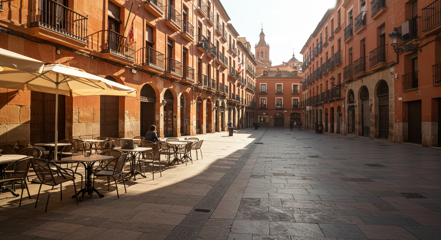 A remote worker with a laptop at a sunlit café table in a Spanish city square, coffee and notebook beside them