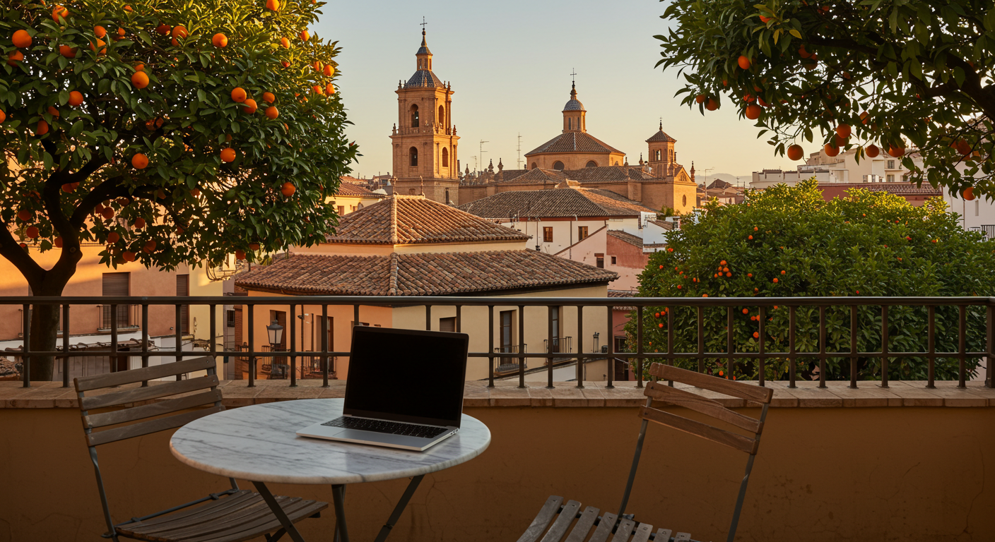 A sunlit café terrace with a laptop open on a marble table, overlooking a Spanish plaza with orange trees and terracotta rooftops