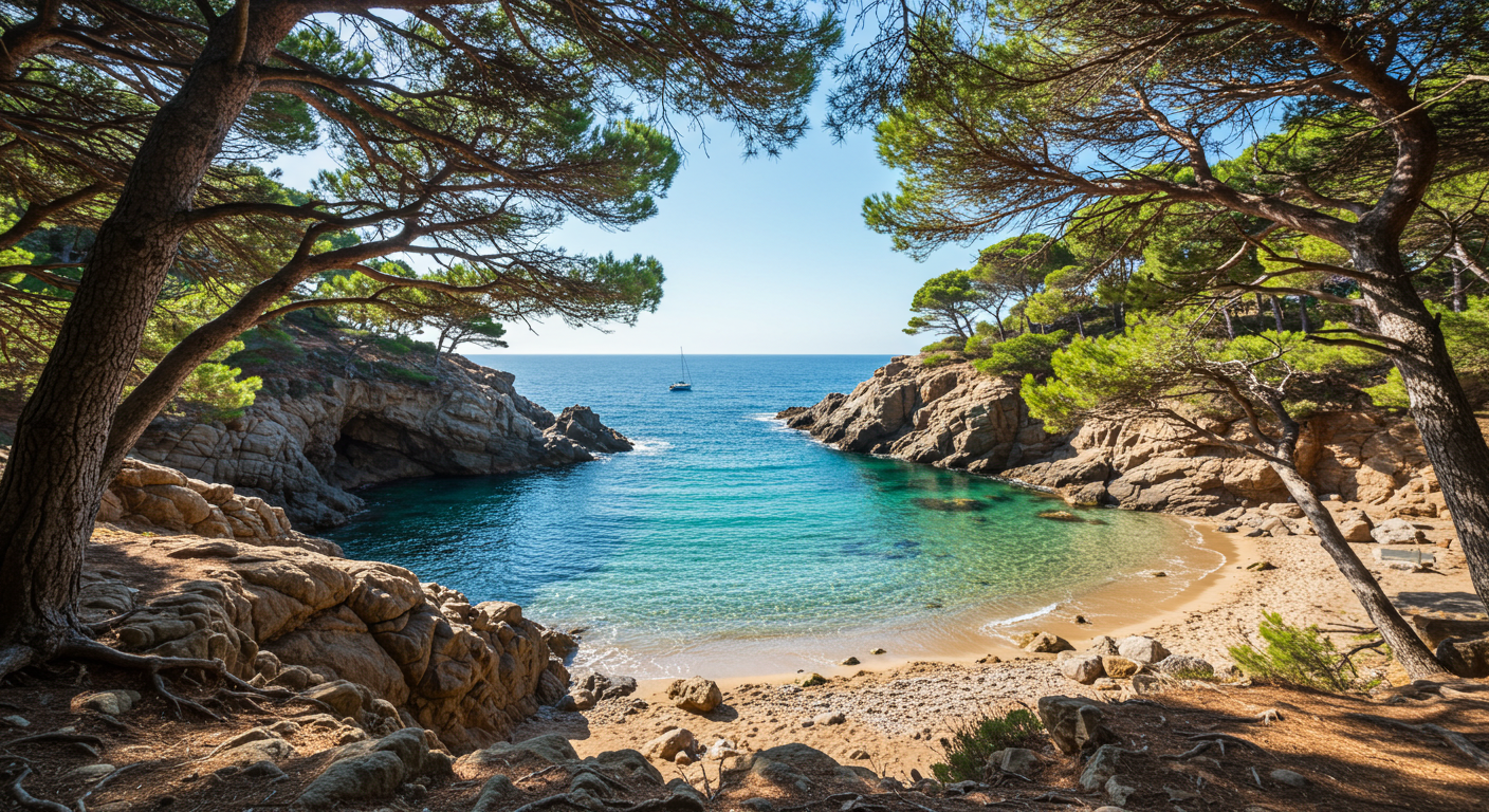 A secluded rocky cala on the Costa Brava with turquoise water and pine trees, Catalonia, Spain