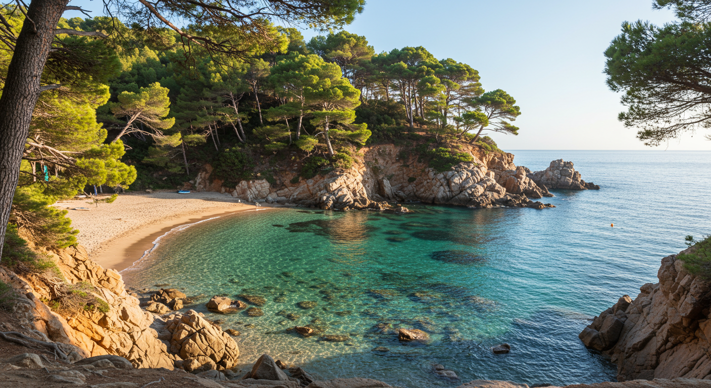 A turquoise cala on the Costa Brava with pine trees and rocky cliffs, Catalonia