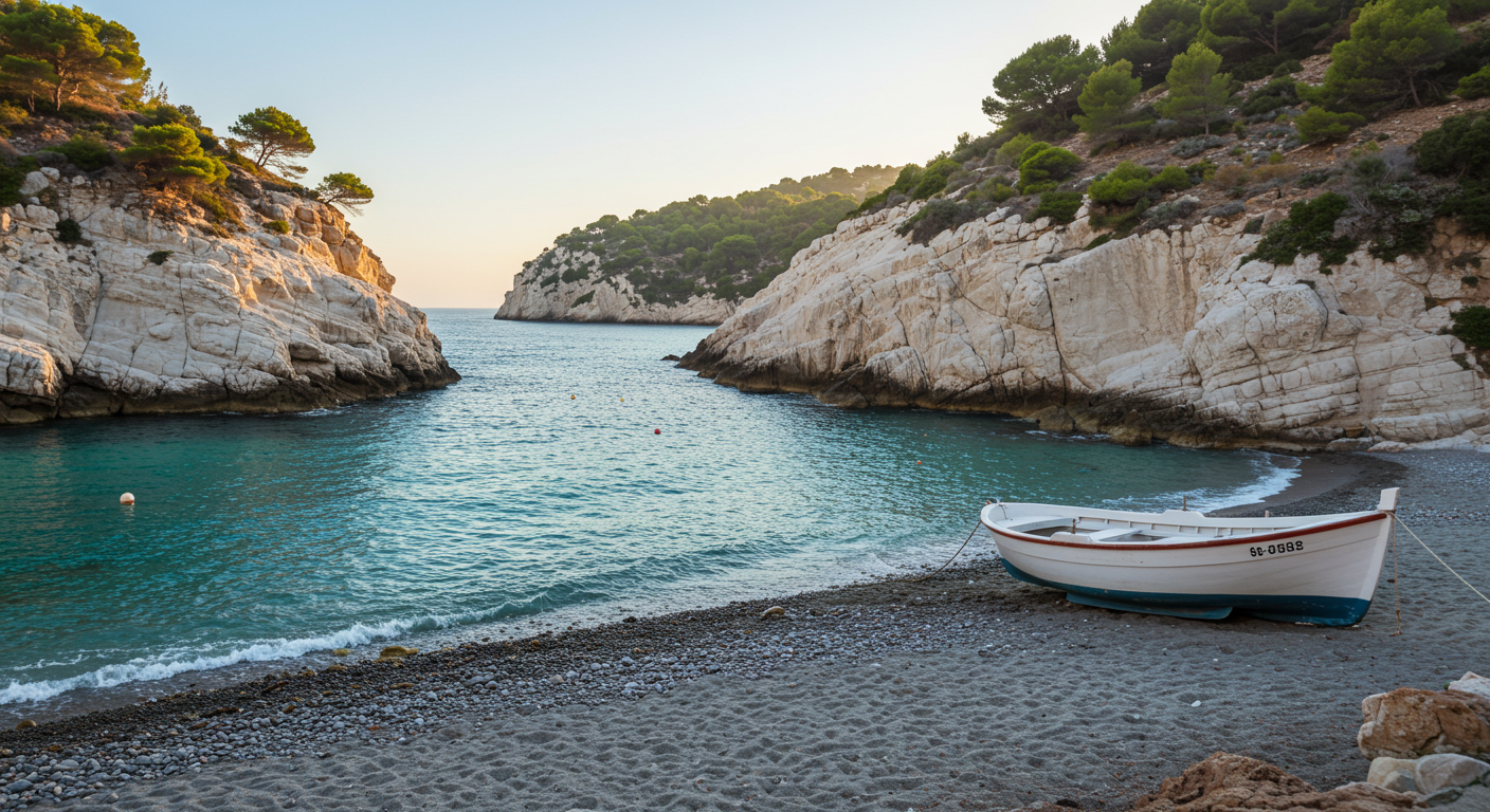Cliffside cove beach at Maro near Nerja, Costa del Sol, with turquoise water and limestone cliffs in afternoon light