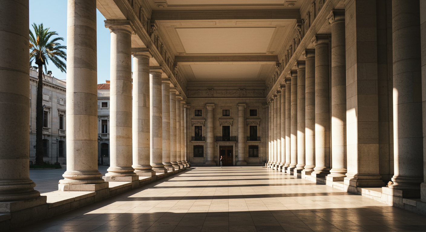 Sunlit facade of a Spanish tax office building with ornate architecture and a palm tree in the foreground