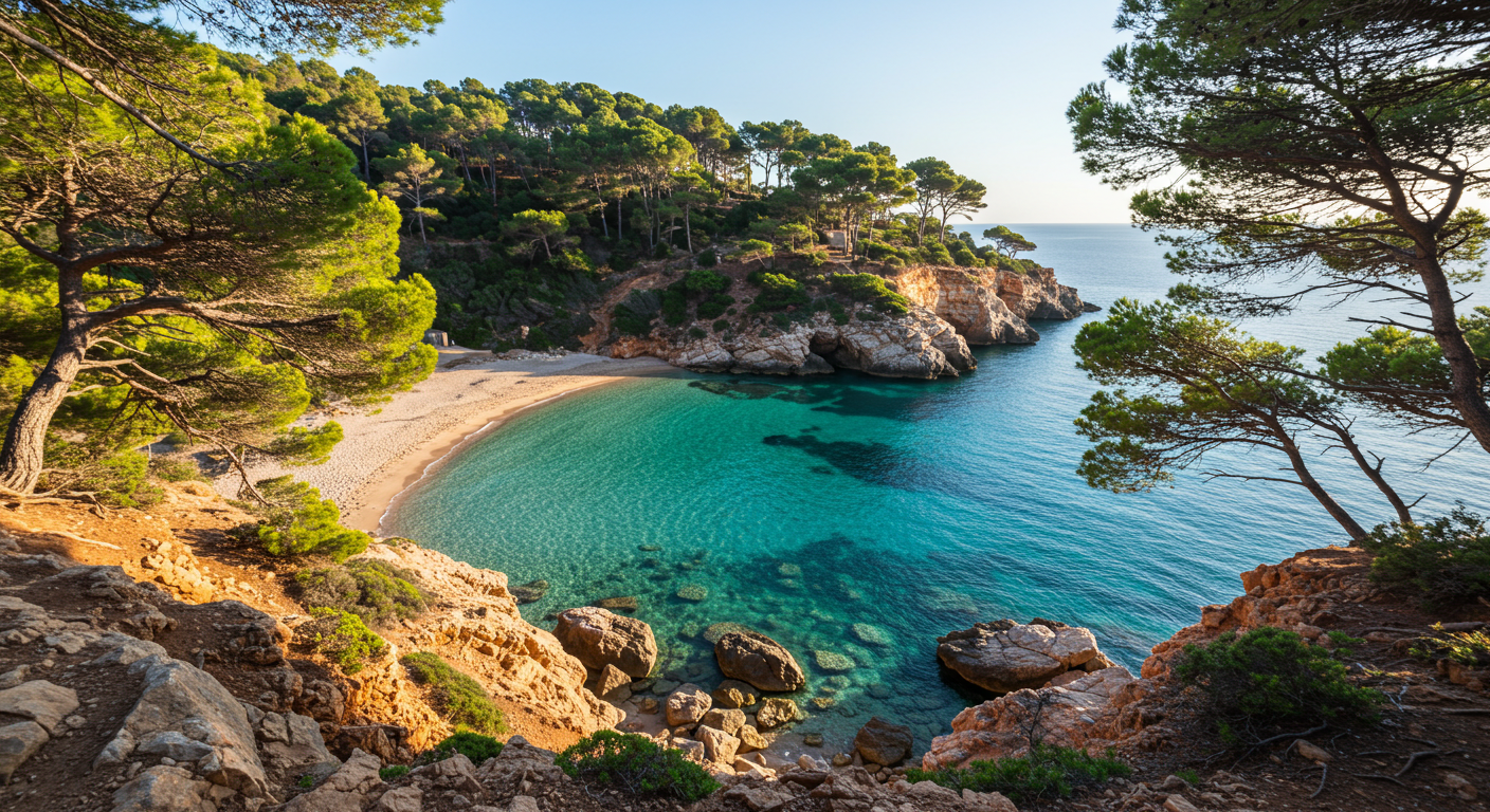 A secluded turquoise cove surrounded by pine-covered limestone cliffs on the Spanish Mediterranean coast, photographed in morning light