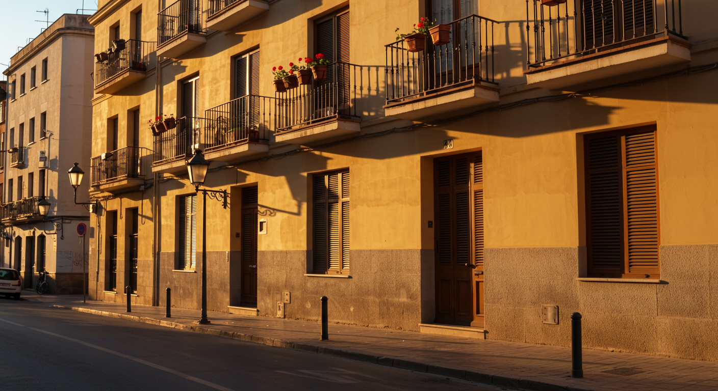 Colourful apartment building facade in a Spanish city with balconies and shuttered windows in afternoon light