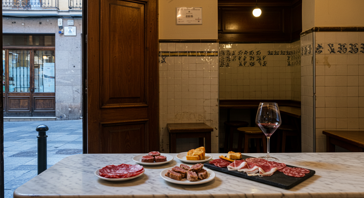 Marble bar of a traditional Madrid taberna with wine glasses and plates of jamón, late afternoon light