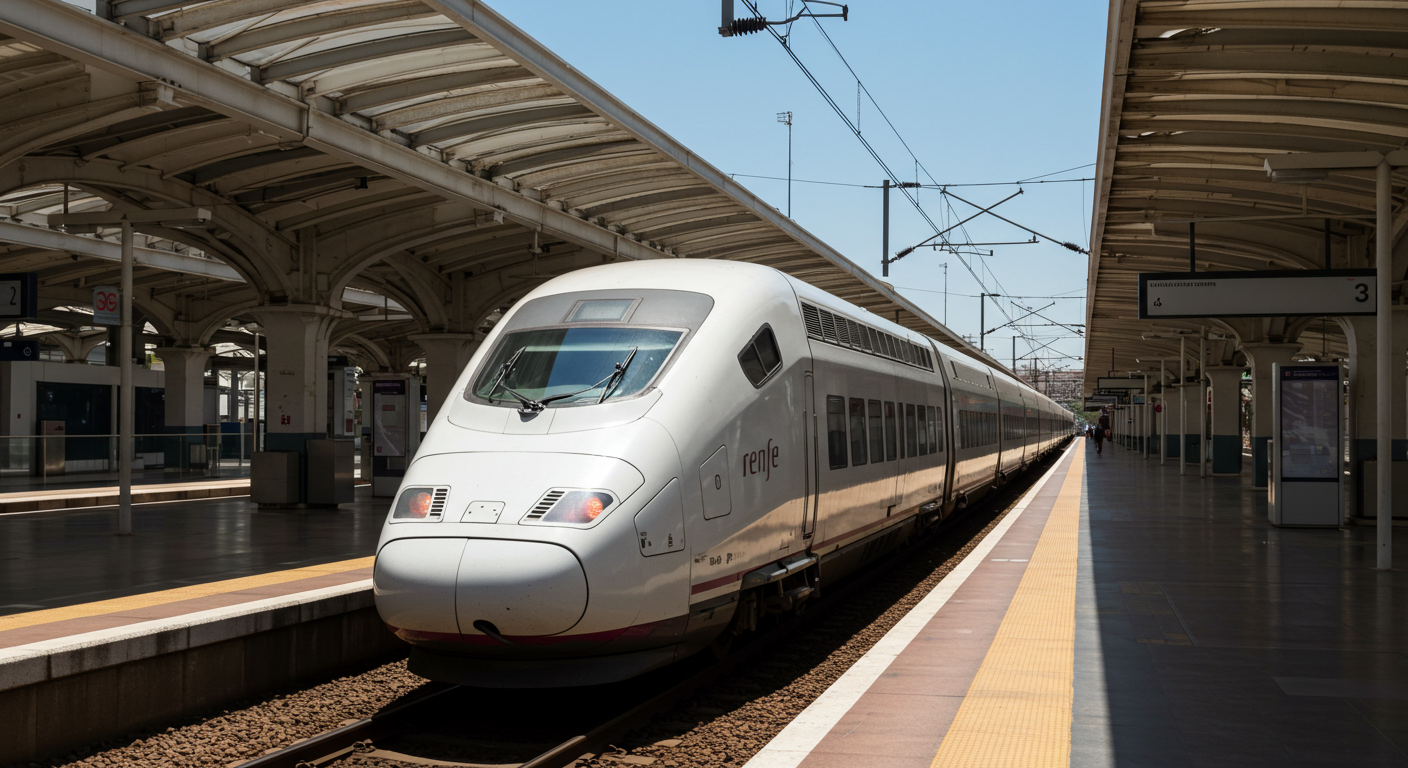 High-speed AVE train at Sevilla Santa Justa station on a bright sunny morning