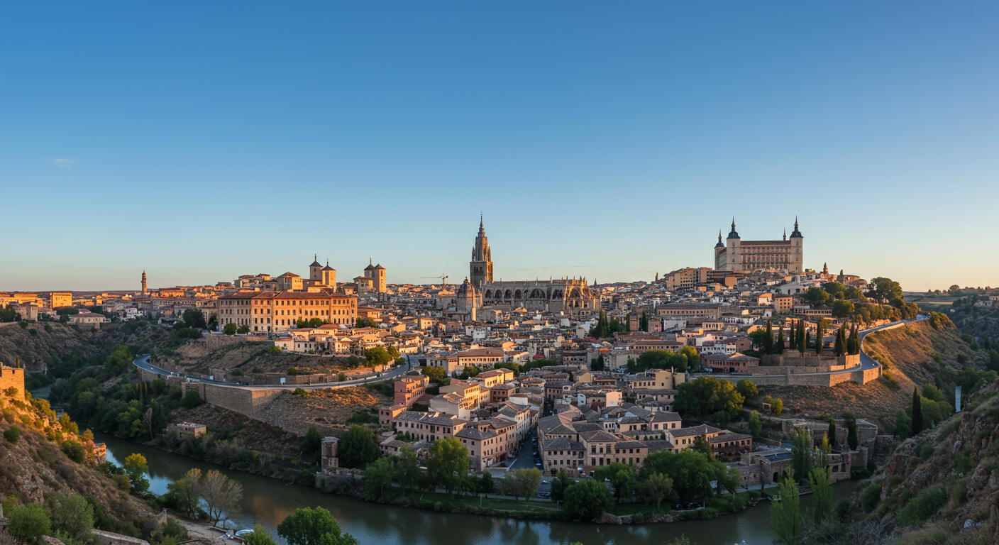 Toledo's medieval skyline viewed from across the Tagus river on a clear morning, with the cathedral tower visible above the old city walls