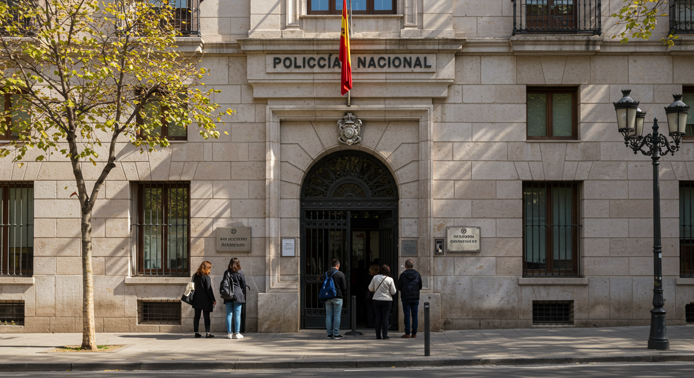 Cola frente a una oficina de extranjería de la Policía Nacional española en una mañana soleada