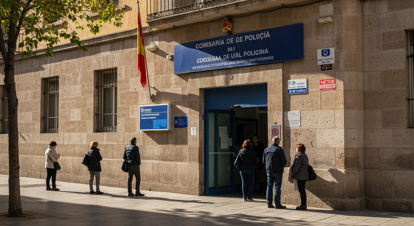 Queue outside a Spanish National Police station on a sunny morning, with a sign reading Extranjería above the entrance