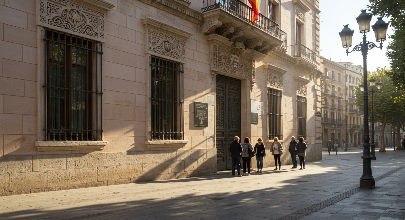 Cola a las puertas de una Oficina de Extranjería española en una mañana luminosa, con fachada de azulejos y señalización administrativa visible