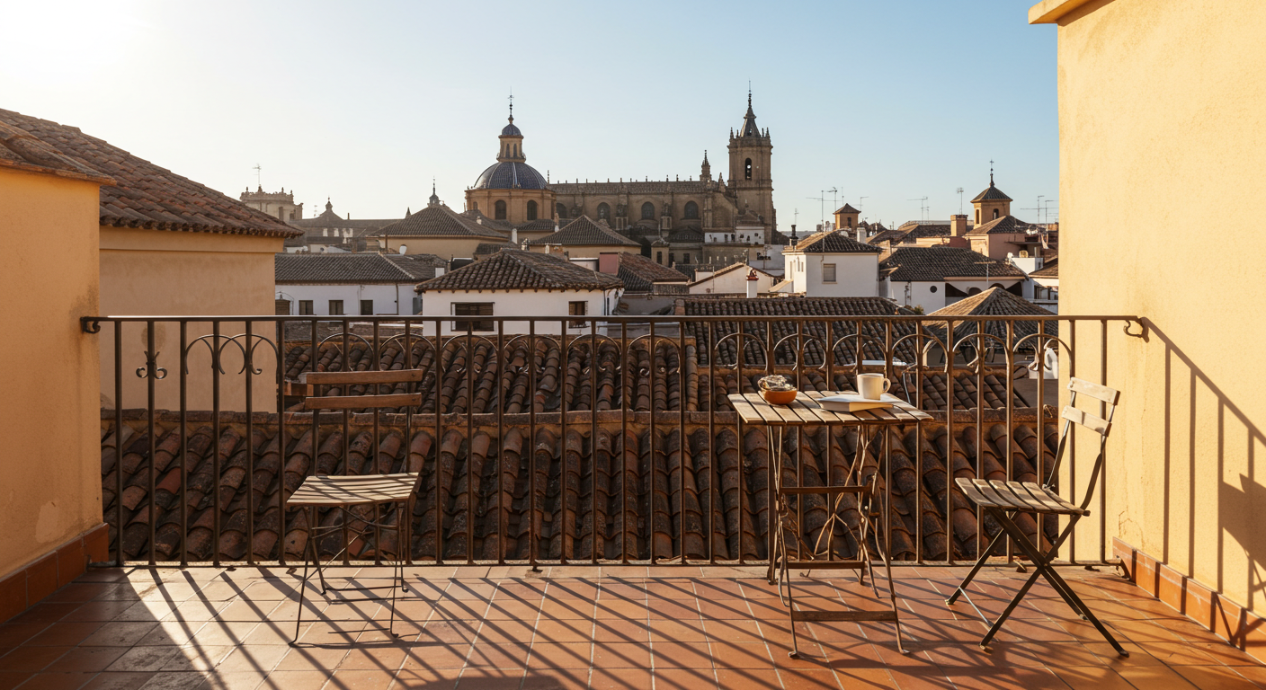 Terraza soleada con vistas a una ciudad española, con un portátil y un café sobre una mesa de hierro forjado