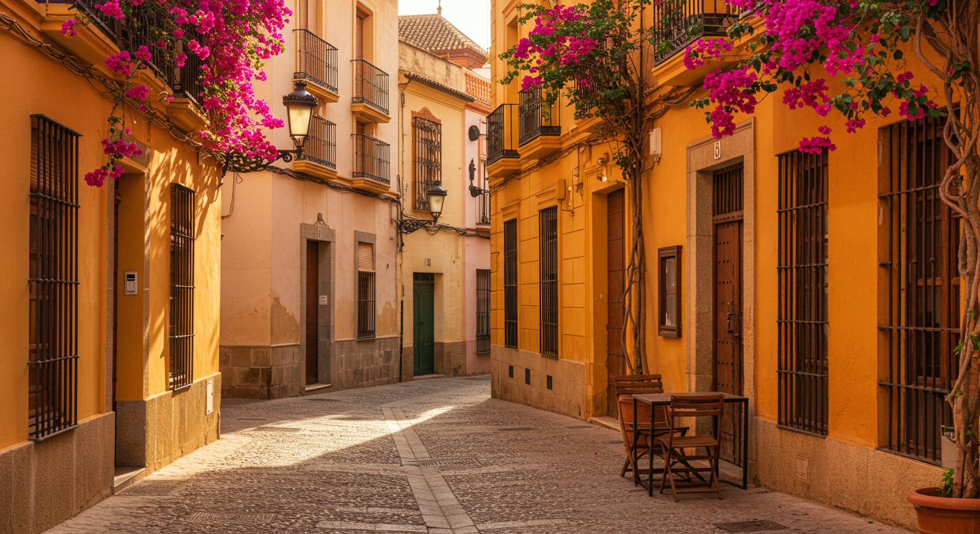 Calle soleada en una ciudad española con fachadas de azulejos, terraza de café y vistas a la torre de una iglesia histórica