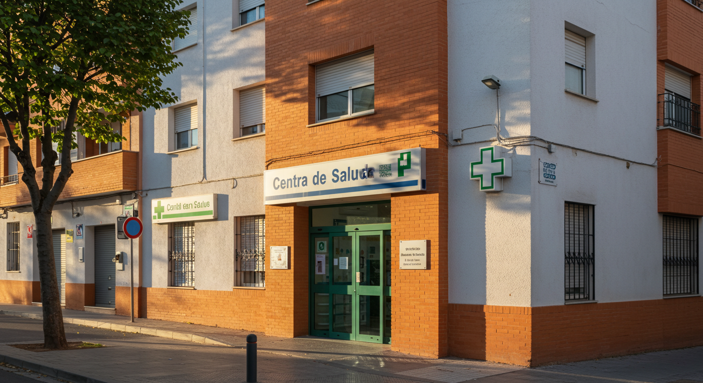 Exterior of a Spanish centro de salud primary care centre with a green cross sign in warm morning light