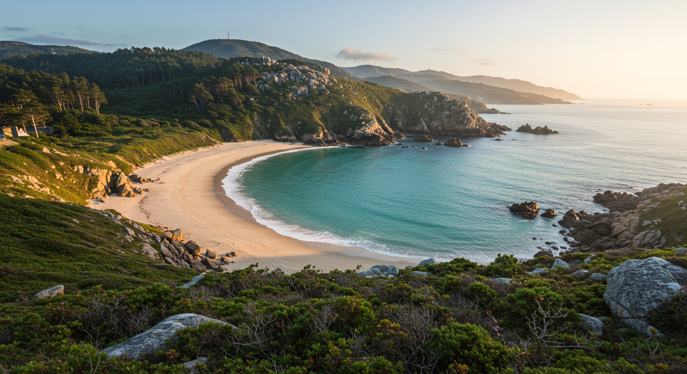 Una pequeña cala de arena desierta en Galicia rodeada de acantilados verdes y agua atlántica cristalina en una soleada mañana de verano