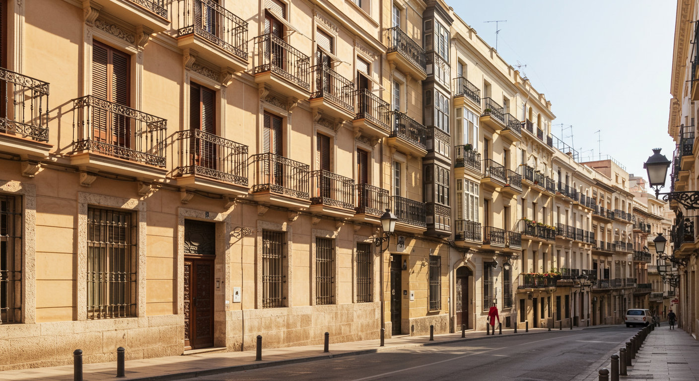 Sunlit apartment building facade in a Spanish city with wrought-iron balconies and terracotta window shutters