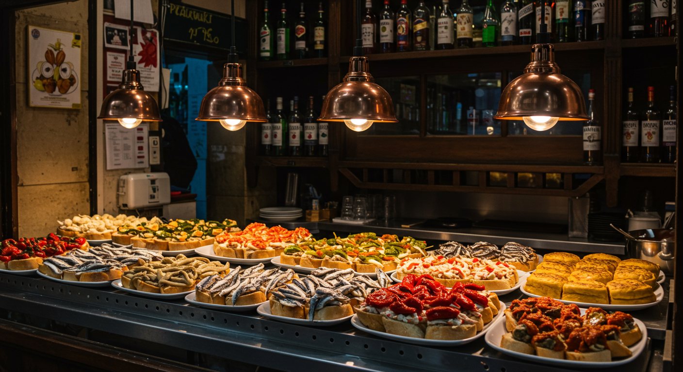 La barra de zinc de un bar de la Parte Vieja de San Sebastián cargada de bandejas de pintxos bajo la cálida luz del local