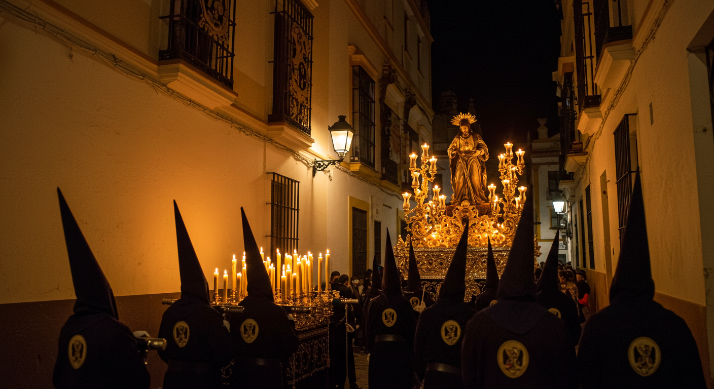A candlelit Semana Santa procession moving through a narrow Seville street at night, golden light reflecting off ornate paso