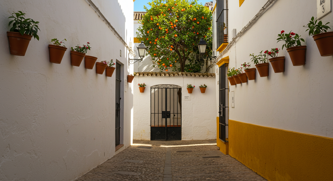 Narrow whitewashed lane in Seville's Santa Cruz neighbourhood with terracotta pots and an orange tree
