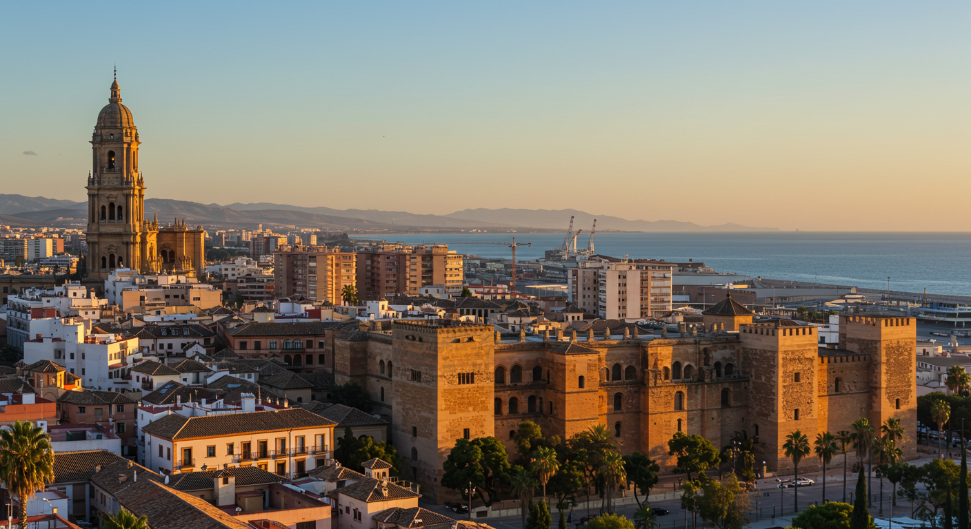 View of Málaga's Alcazaba fortress and the cathedral tower from the port at golden hour