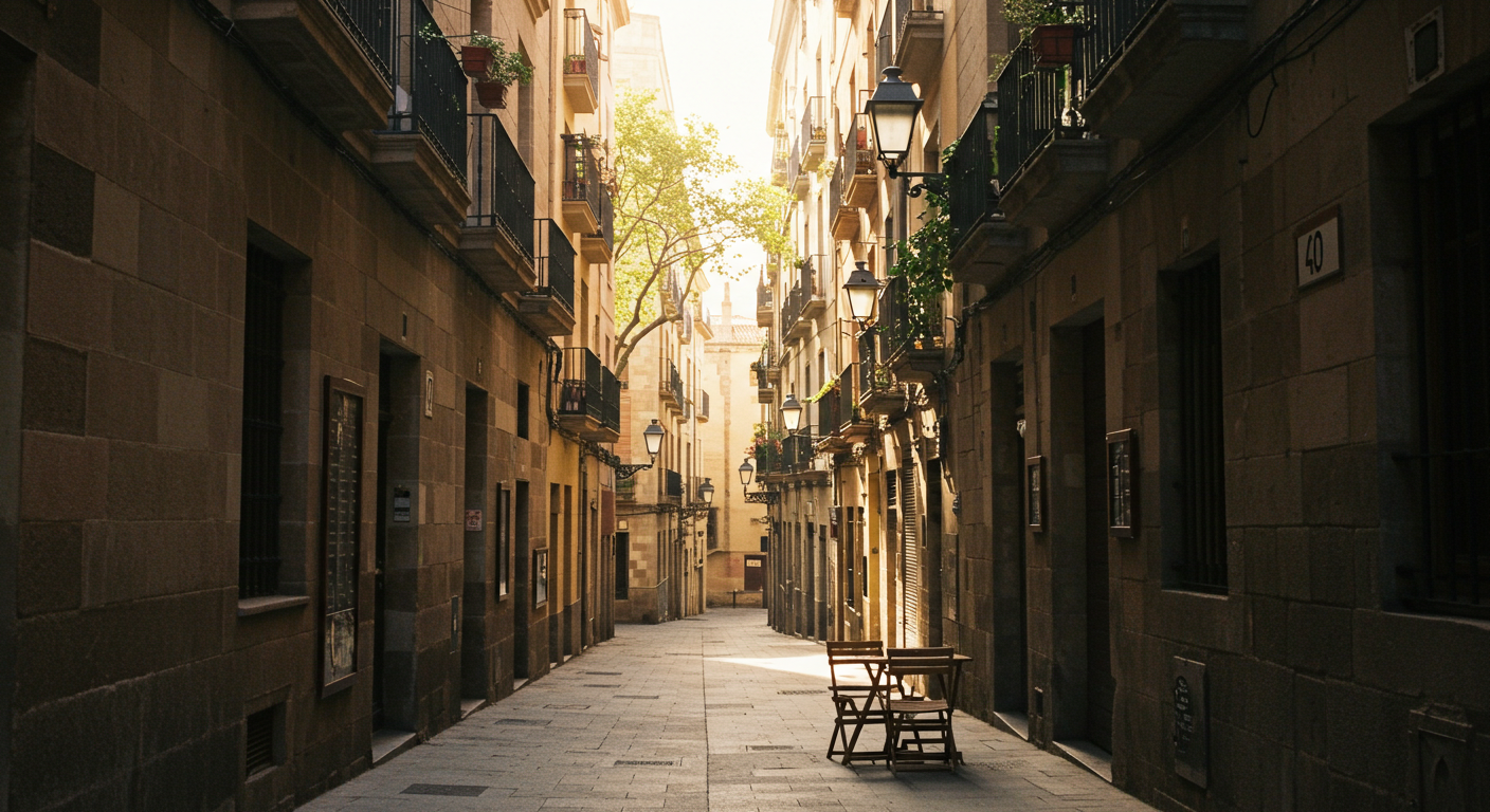 A quiet stone-paved square in Gràcia, Barcelona, in the early morning light with café chairs and a clock tower