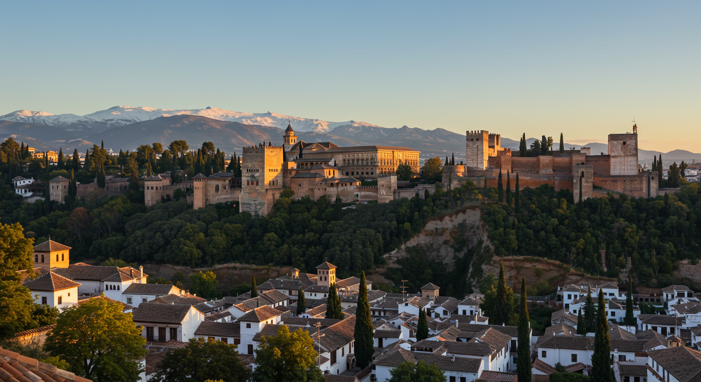 Morning light over the Alhambra palace viewed from the Albaicín hillside in Granada, Spain
