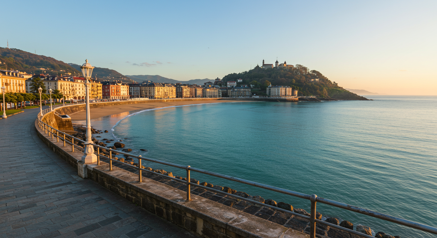 La Concha bay in San Sebastián at early morning, calm water reflecting golden light with the promenade empty