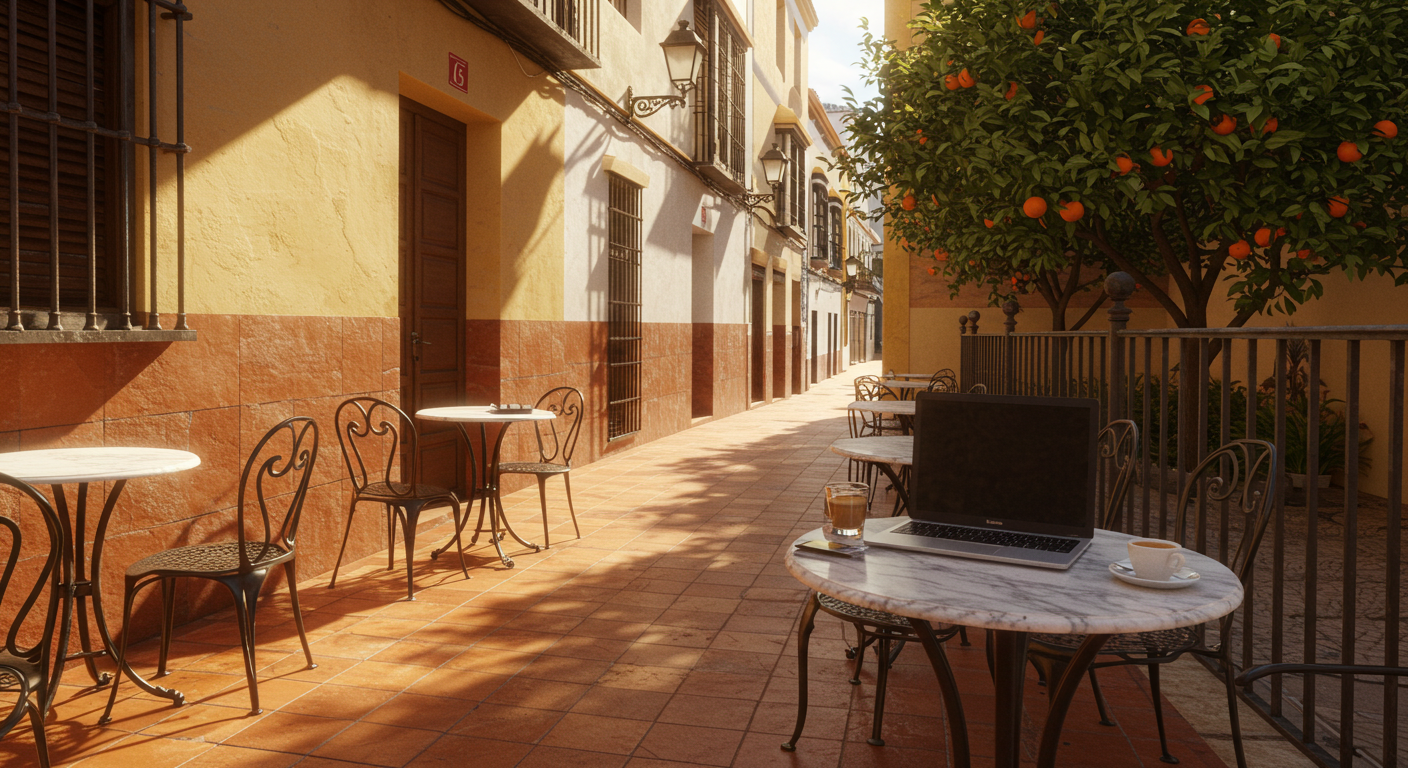 Un portátil abierto en una terraza de café soleada en una ciudad española, con suelo de baldosas, una taza de café solo y una calle empedrada al fondo