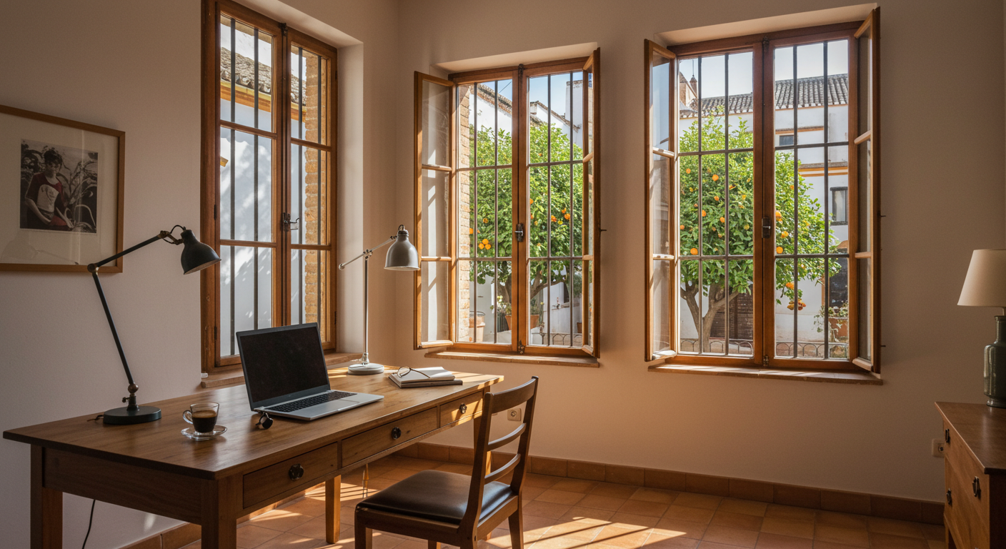 A sunlit co-working space in a whitewashed Andalusian building with a laptop on a wooden desk and a terracotta courtyard visible through an open window