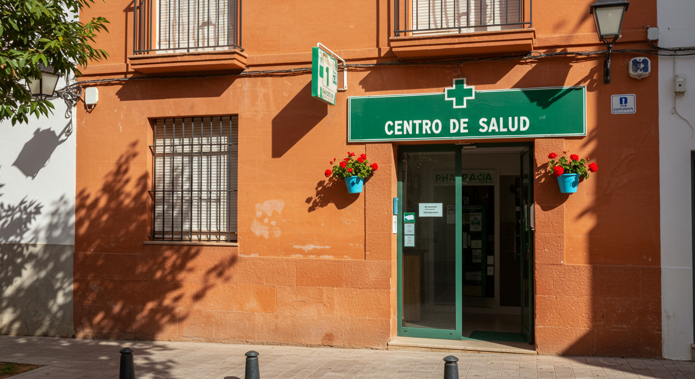 Sunlit entrance to a Spanish centro de salud with a green cross sign and terracotta facade