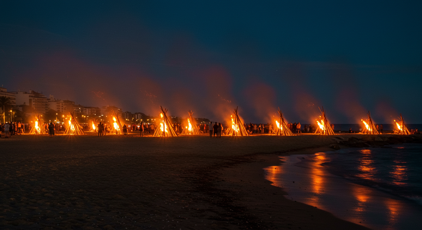 Beach bonfires on the night of San Juan along a Spanish Mediterranean coastline, flames reflected on the water at dusk