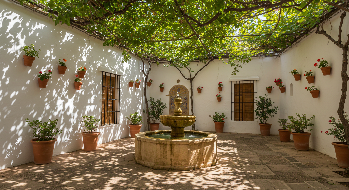 A shaded Andalusian patio with a central fountain, terracotta pots and dappled afternoon light