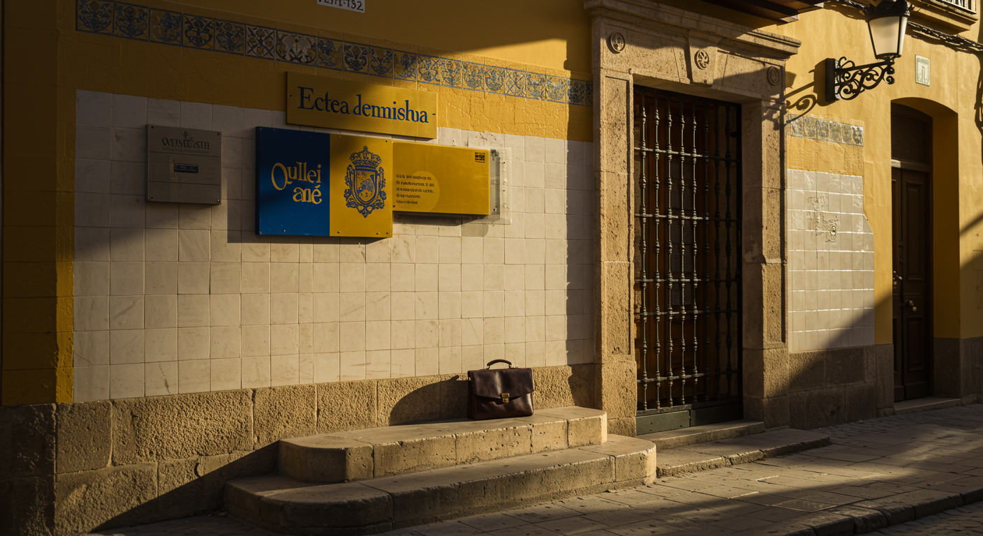 A sunlit Spanish bank branch exterior on a quiet morning street, with tiled façade and a small queue visible through the glass door