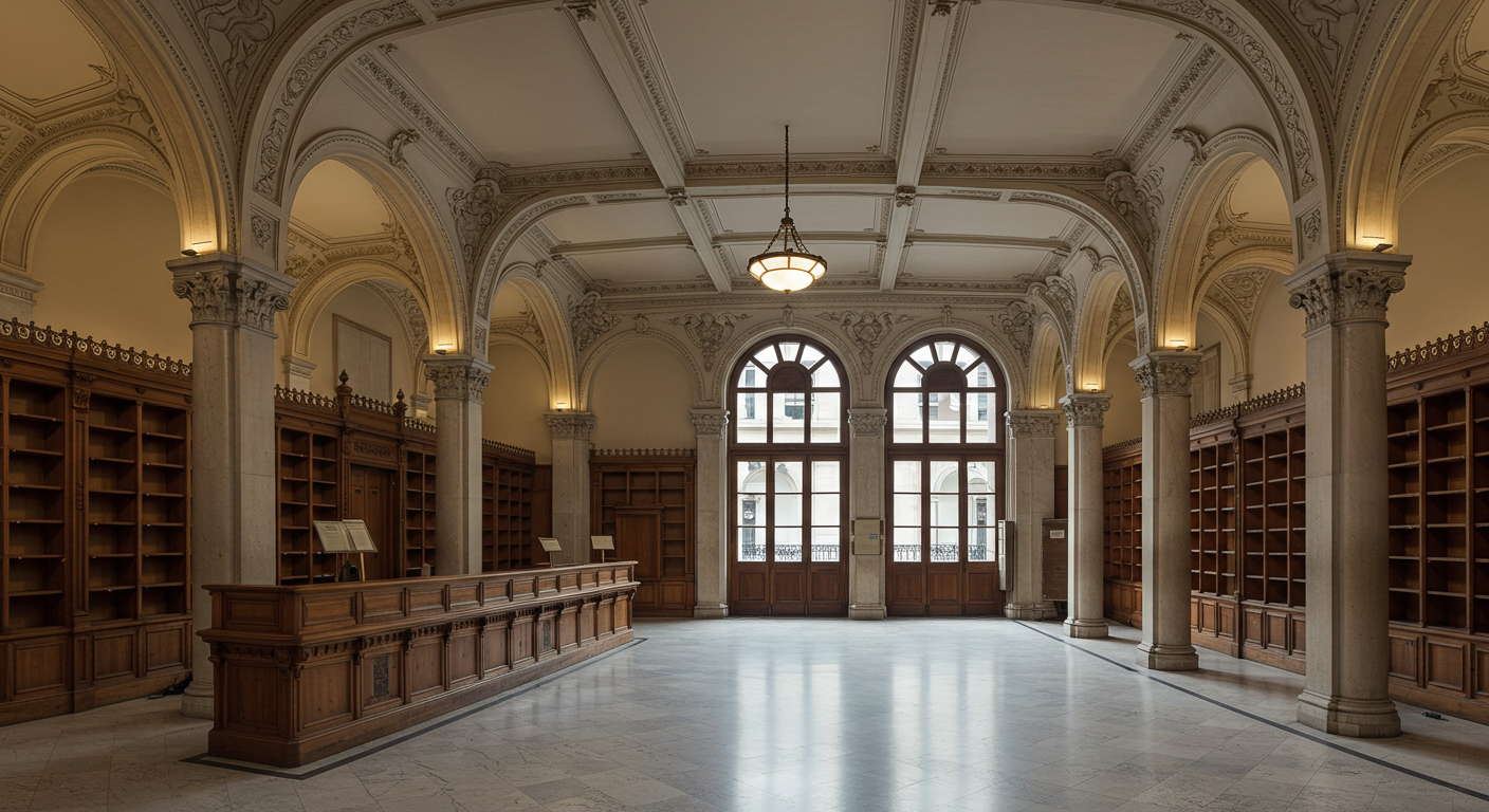 Interior of a sunlit Spanish bank branch with marble floors and terracotta details, Barcelona