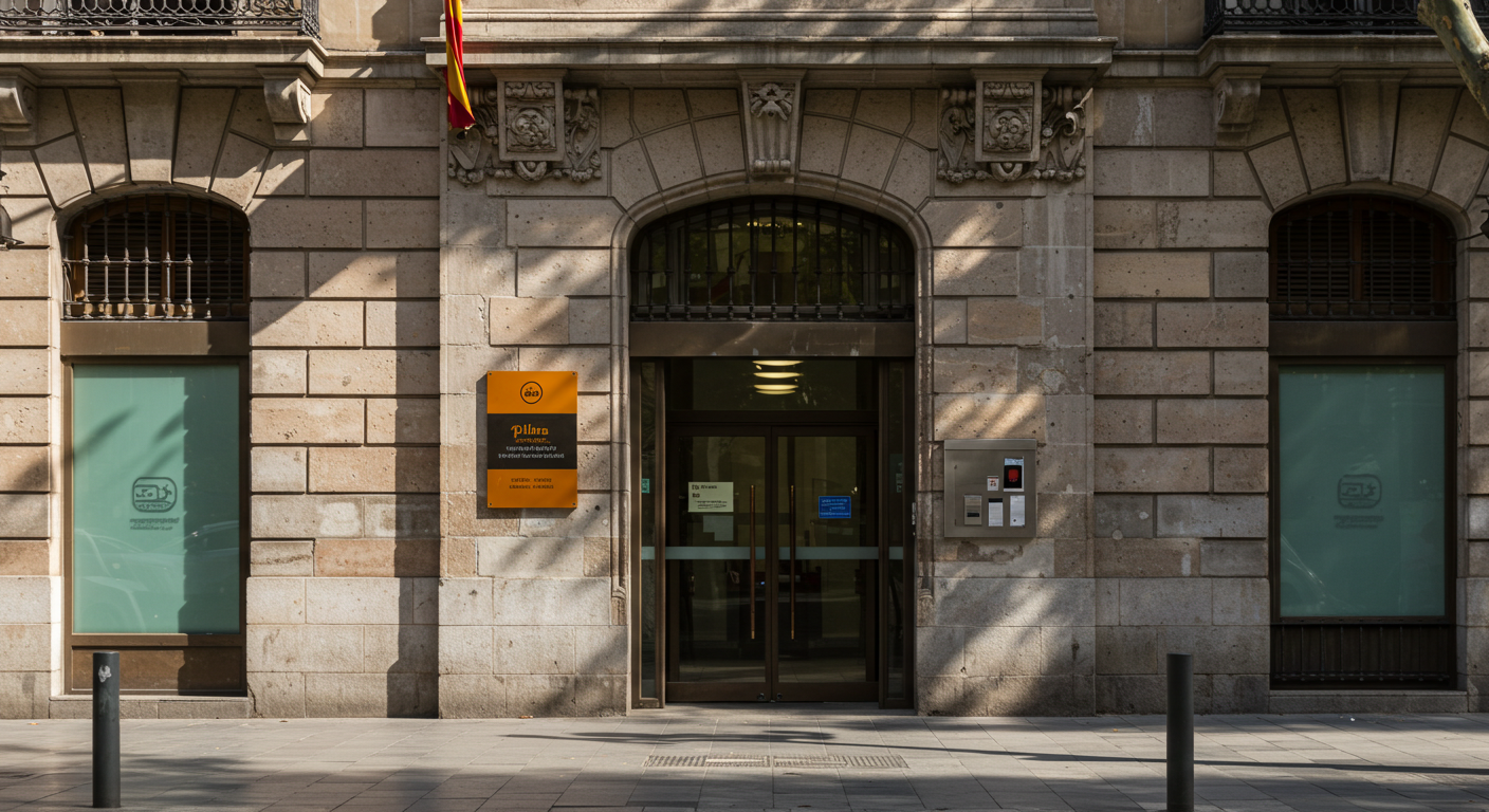 Exterior of a Spanish bank branch on a sunny city street, with a queue of customers visible through the glass door