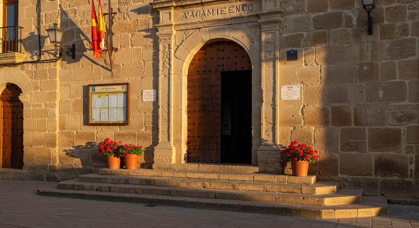 Sunlit entrance to a Spanish ayuntamiento town hall with stone facade and tiled steps