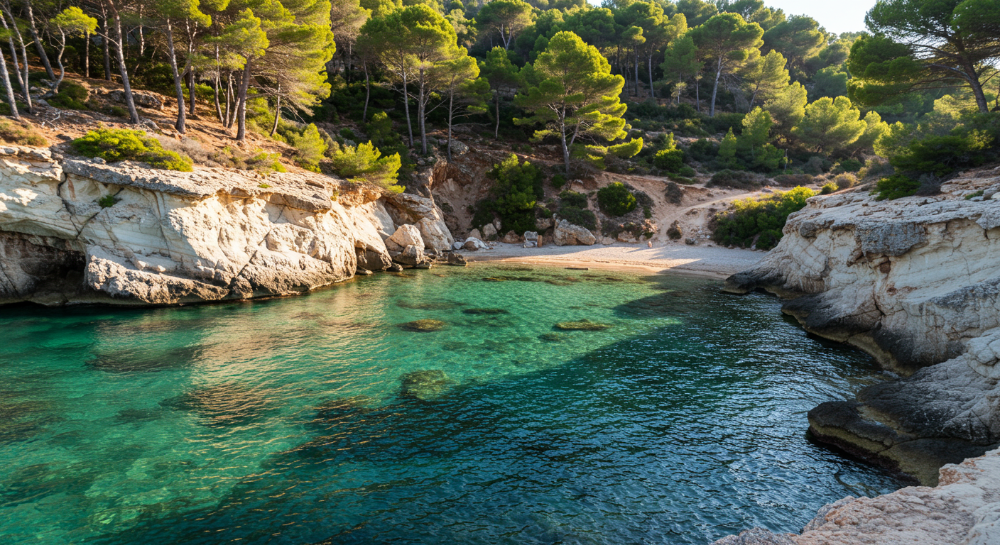 Agua turquesa y acantilados de caliza en una cala tranquila de la Costa Blanca norte cerca de Jávea, con luz de última hora de la tarde