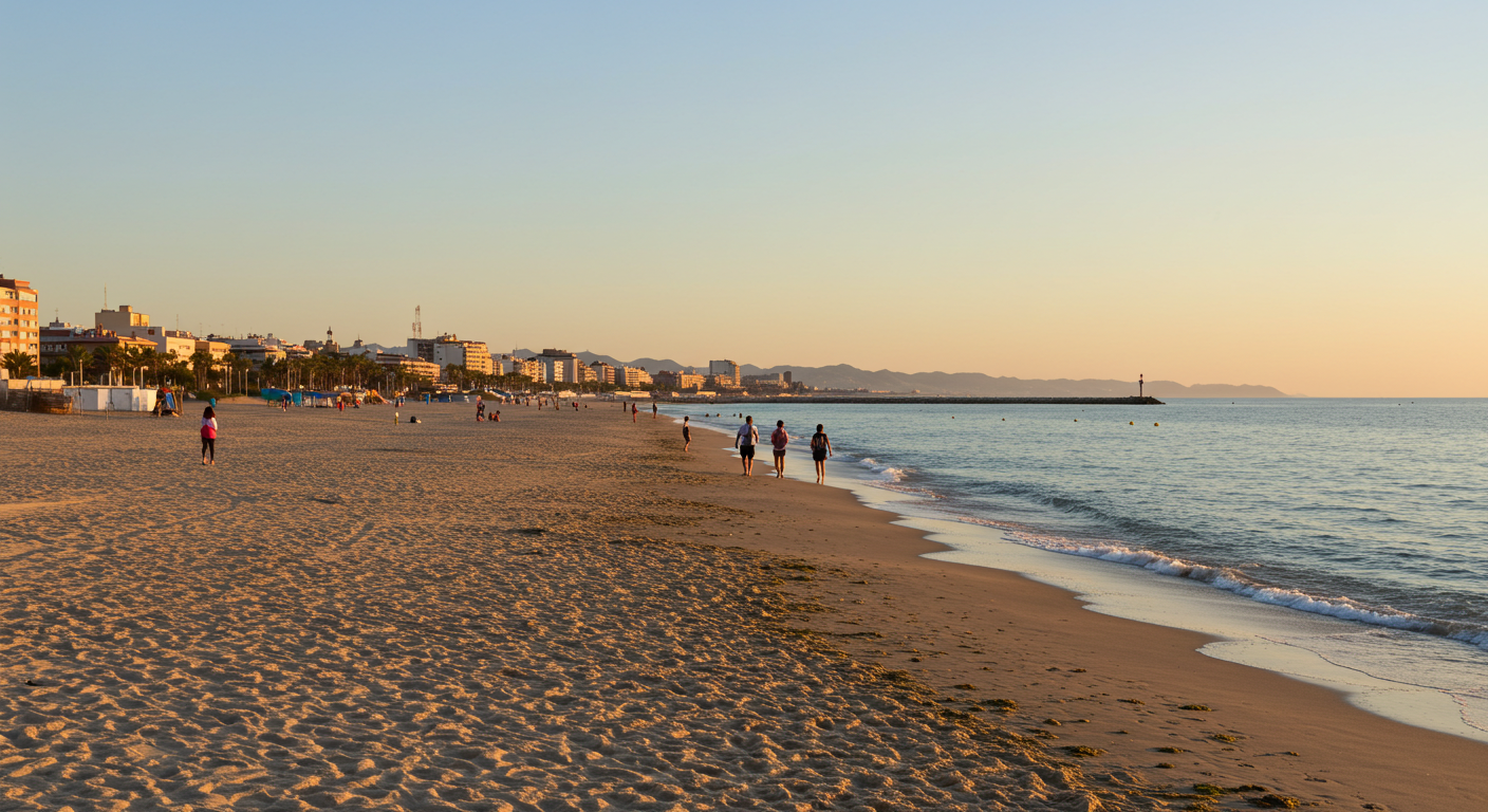 Wide sandy beach in Valencia with the city skyline visible in the background on a clear winter morning