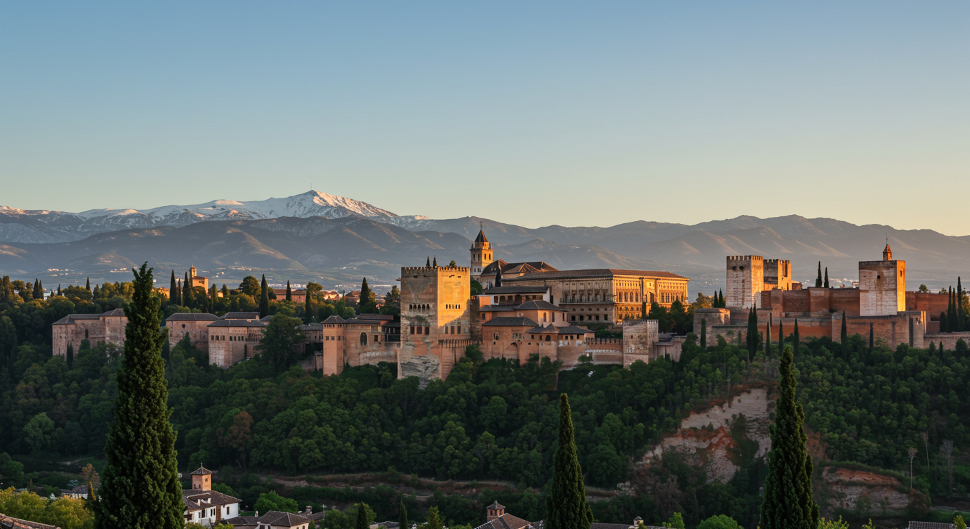 Los Palacios Nazaríes de la Alhambra vistos desde la colina del Albaicín al amanecer, con luz cálida sobre los muros de terracota